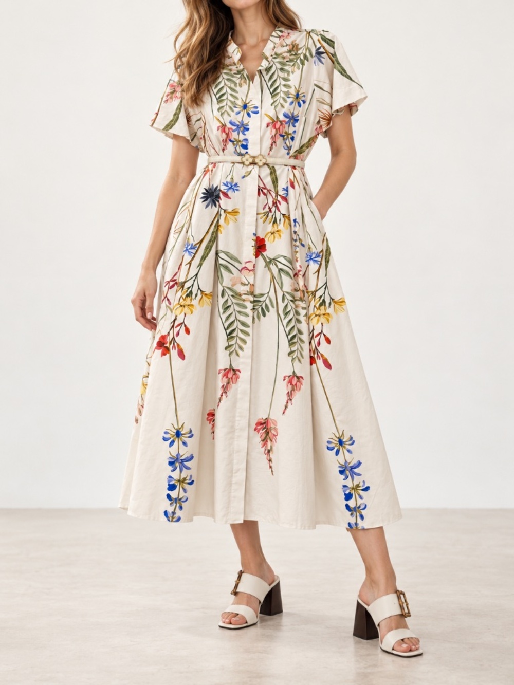 Rickie Freeman Teri Jon Floral Cotton Midi Shirtdress Size 4